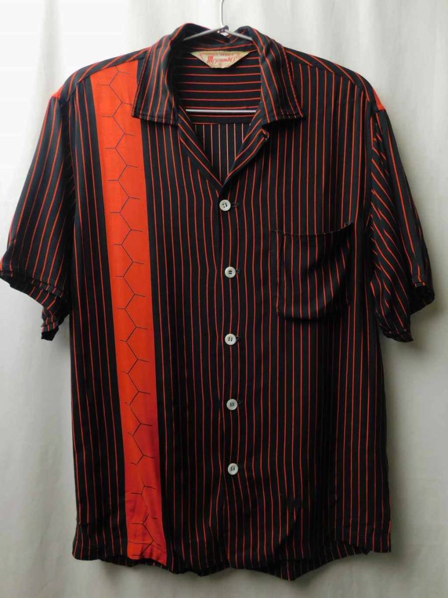 50s60s ビンテージ レーヨンシャツ 黒 赤 ストライプ 半袖 ロカビリー S 14-141/2