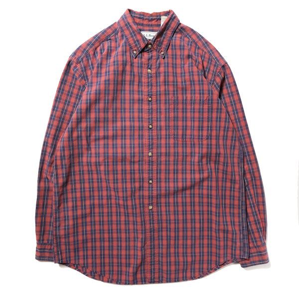 90's LLビーン L.L.BEAN タータンチェック コットン ボタンダウンシャツ 長袖 (M) 紺×赤系 オックスフォード 90年代 旧タグ オールド Y2K
