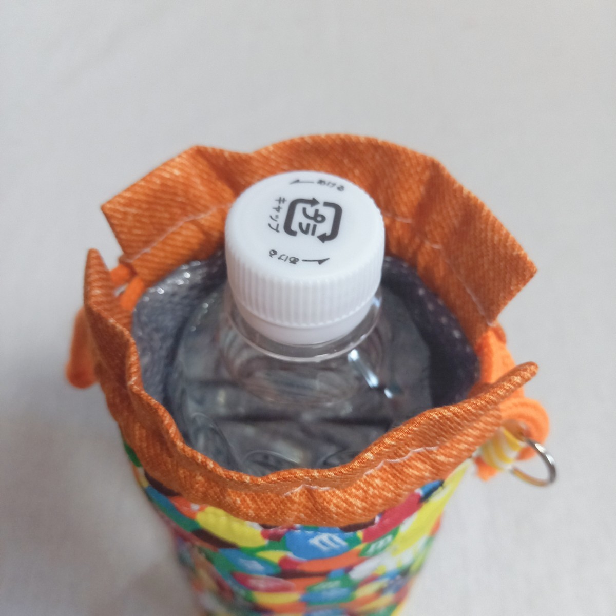  handmade * keep cool heat insulation pet bottle holder *m&m\'s* chocolate pattern & Denim style orange 