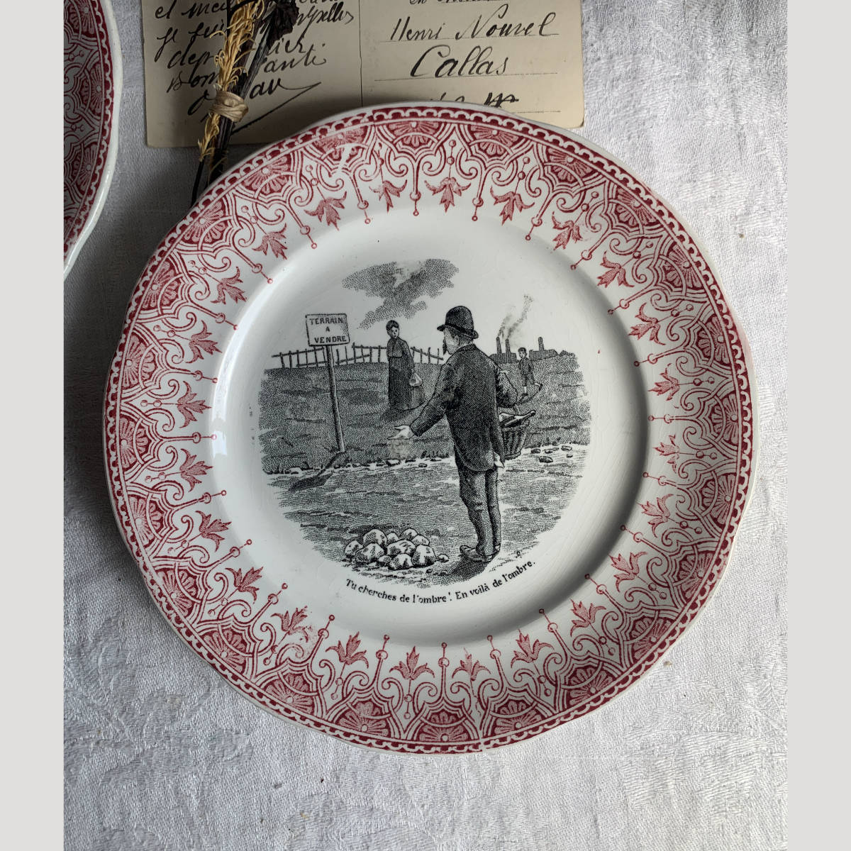 フランス パリ 19世紀後期 Digoin Sarreguemines ディゴワン＆サルグミンヌ グリザイユ 絵皿 夫婦 皮肉 陶器 皿 イラスト アンティーク 2