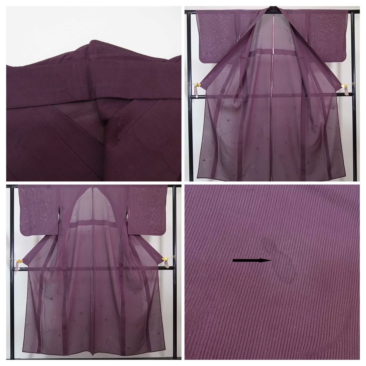 夏着物　駒絽　小紋　紋絽　雲取りに楓　正絹　紫色系