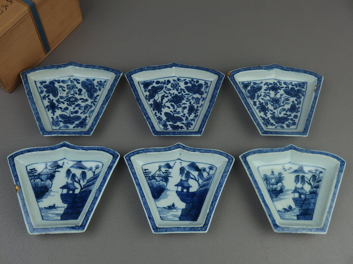 骨董・茶道具】☆清朝時代染付楼閣山水図花鳥図変形皿六客 中国古玩 骨董・茶道具】☆清朝時代染付楼閣山水図花鳥図変形皿六客 中国古玩