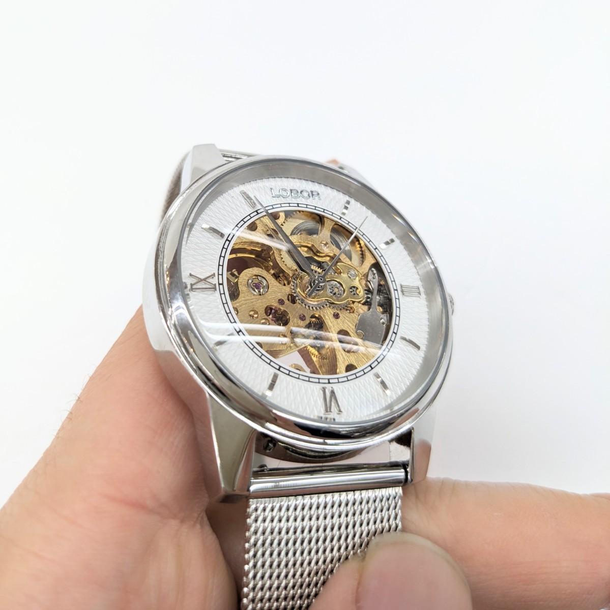 美品 LOBOR ロバー 自動巻き 腕時計 アナログ 3針 ホワイト文字盤 LB3507-SM DYNASTY CONSTANTINE MESHの画像3