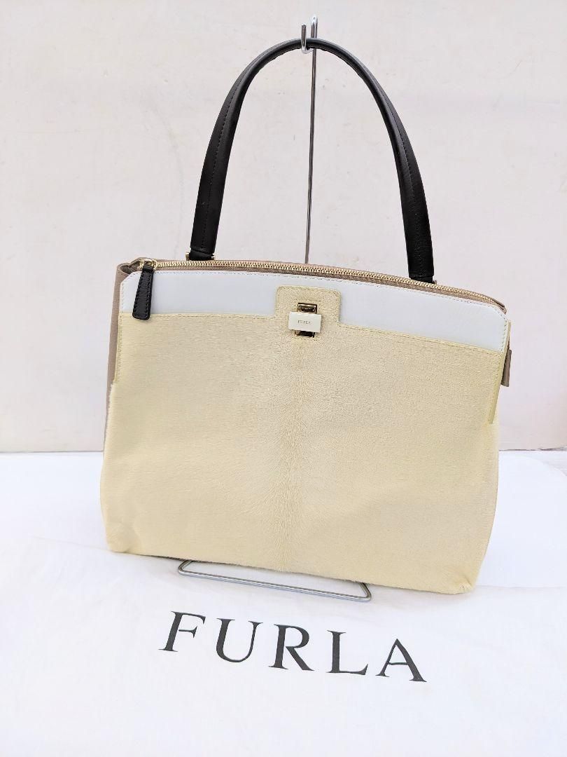 多様な 美品 FURLA 切替 レザー ハラコ ベージュ ショルダーバッグ