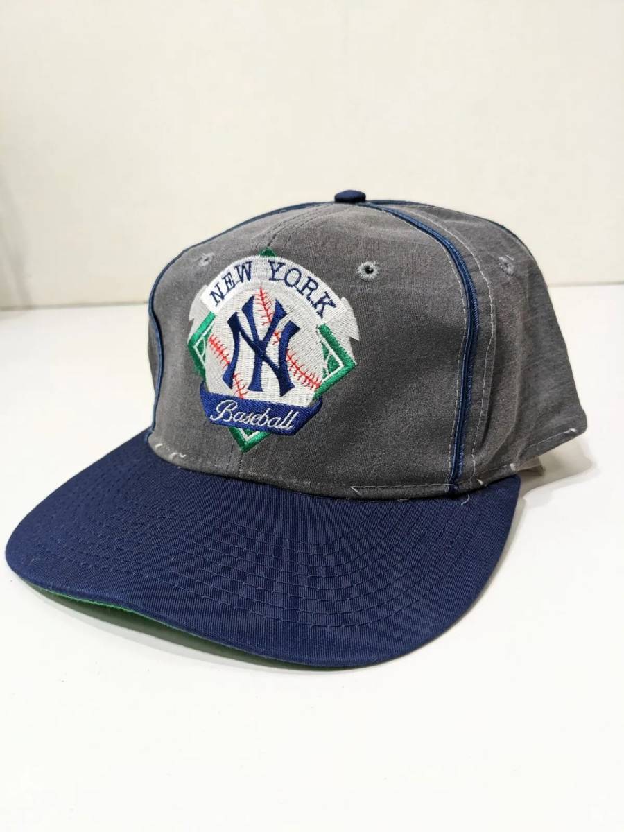 90s New York Yankees ニューヨークヤンキース ゲーム キャップ 帽子 MLB グレー フリーサイズ ベースボール ６パネル 00s OLD 古着