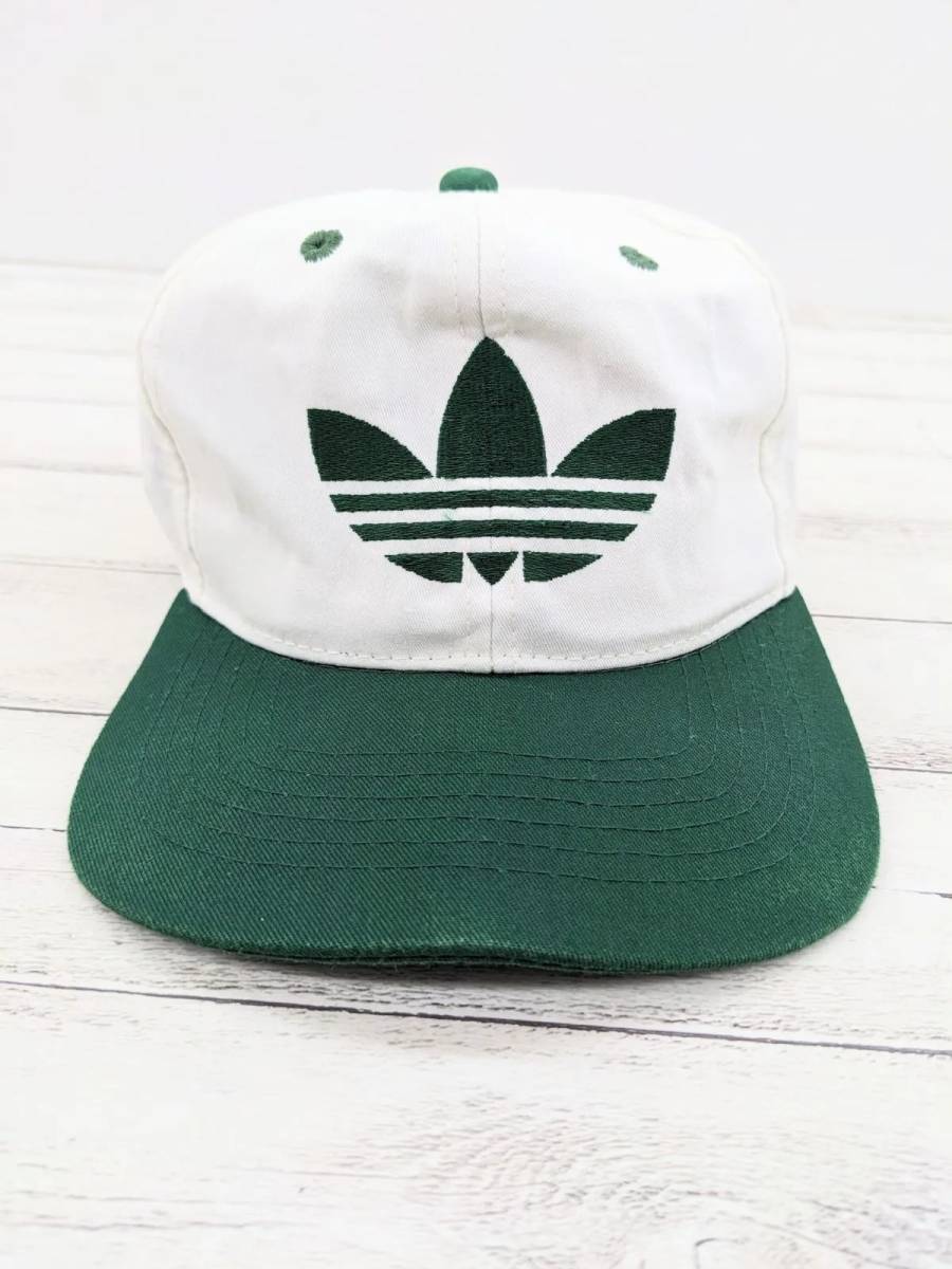 90s adidas アディダス キャップ 帽子 デサント製 ZB3303 ホワイト グリーン コットン 刺繍 トレフォイル ロゴ スナップバック 00s OLD_画像2