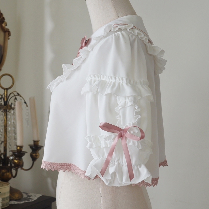  Лолита мода roli.ta блуза рубашка Lolita короткий короткий рукав симпатичный белый розовый лента оборка женский Gothic and Lolita 