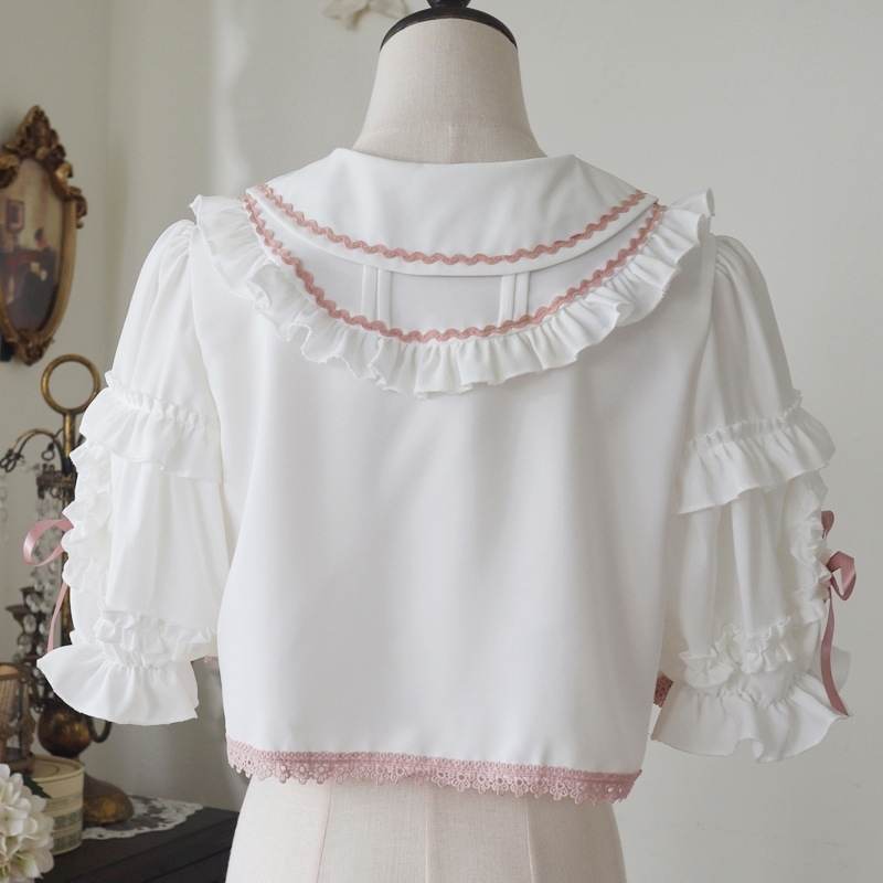  Лолита мода roli.ta блуза рубашка Lolita короткий короткий рукав симпатичный белый розовый лента оборка женский Gothic and Lolita 