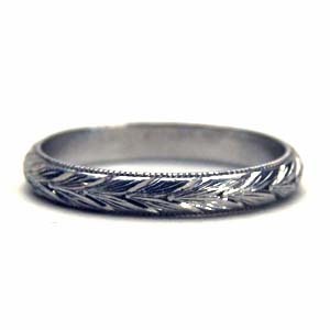 プラチナサファイヤリング /手彫り/オリーブ/刻印、送料無料/結婚指輪