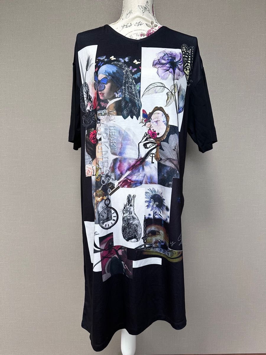 【新品未使用】イズスカラー 絵画MIXコラージュ柄 ワンピース ブラック