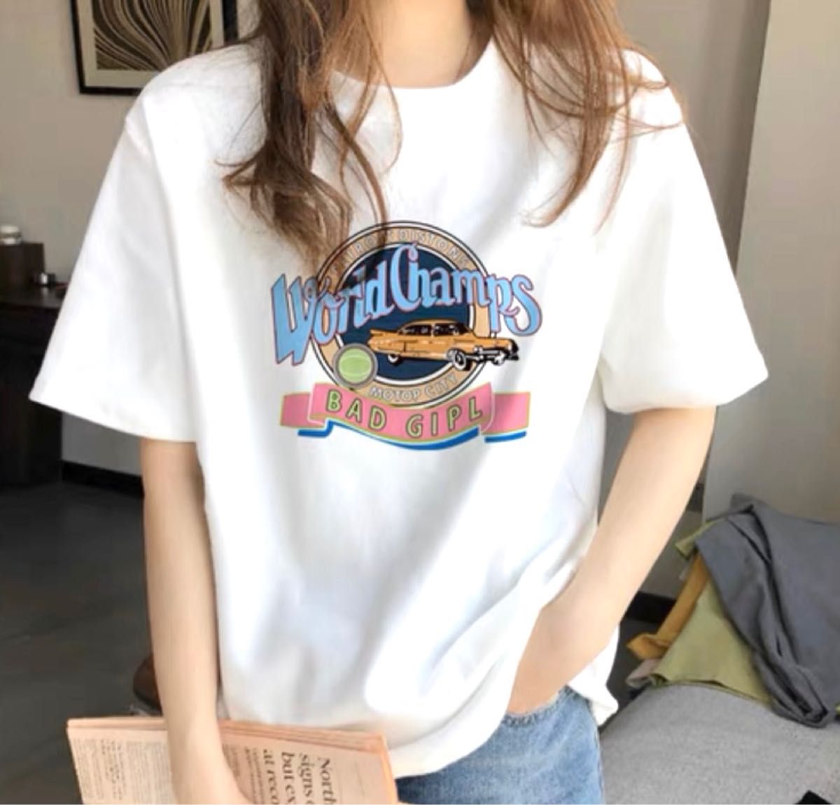 Tシャツ レディース 半袖 ホワイト プリント ヴィンテージ風 韓国ファッション ビックシルエット 体型カバー 夏 着回し 多機能