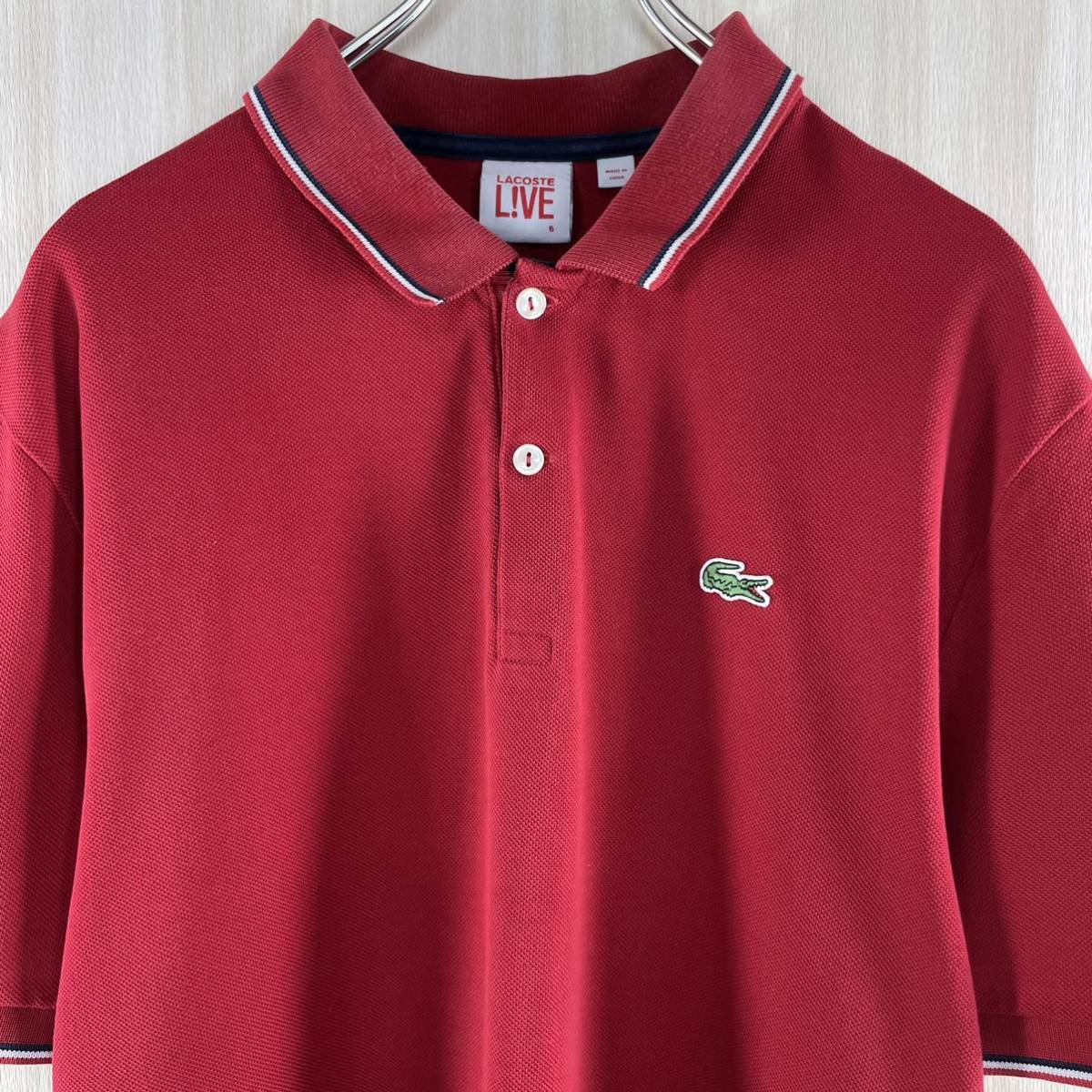 【大人気】【王道アイテム】LACOSTE ラコステ L!VE ワニ 鹿の子 ティップライン ロングテール 半袖ポロシャツ サイズ6 レッド XL 古着