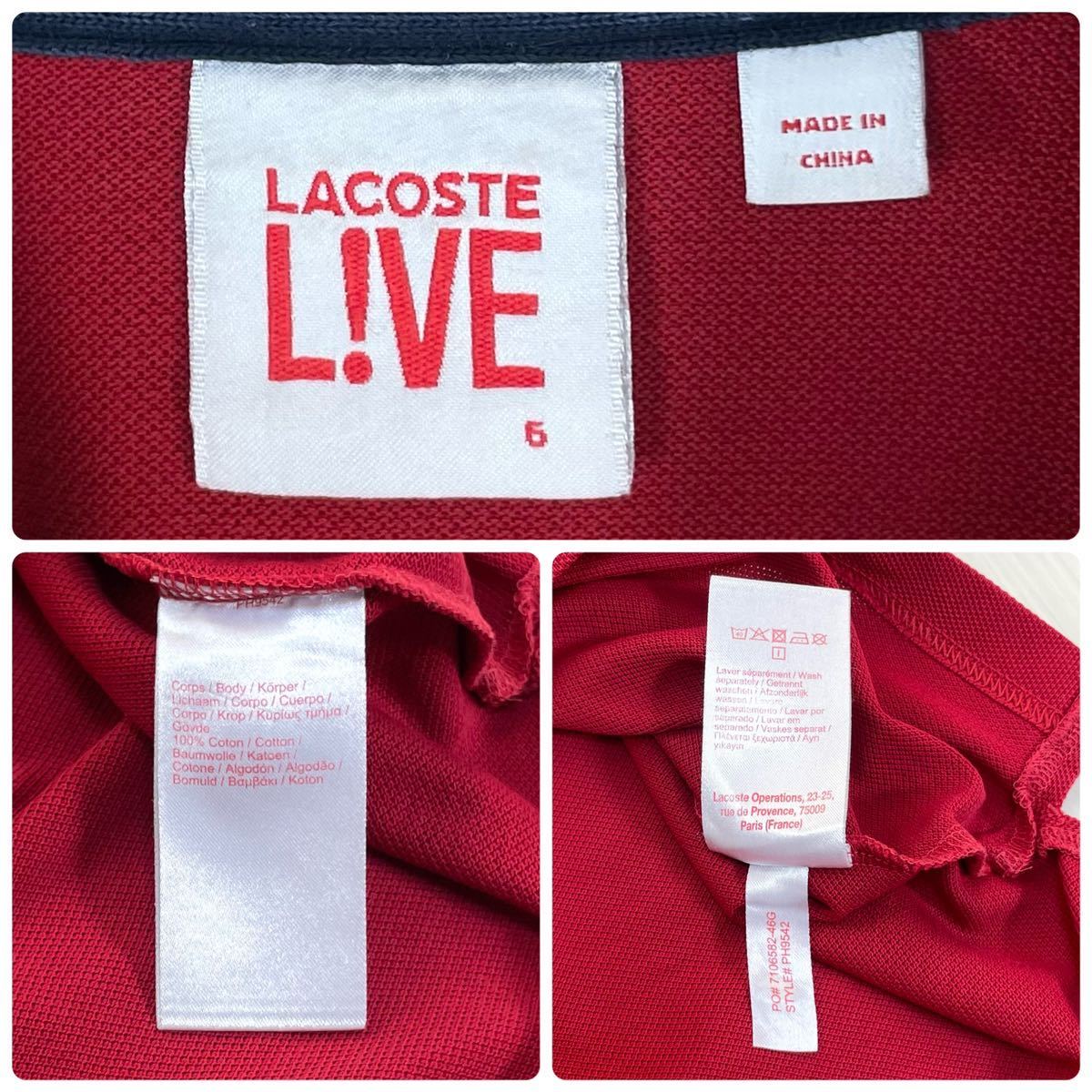 【大人気】【王道アイテム】LACOSTE ラコステ L!VE ワニ 鹿の子 ティップライン ロングテール 半袖ポロシャツ サイズ6 レッド XL 古着