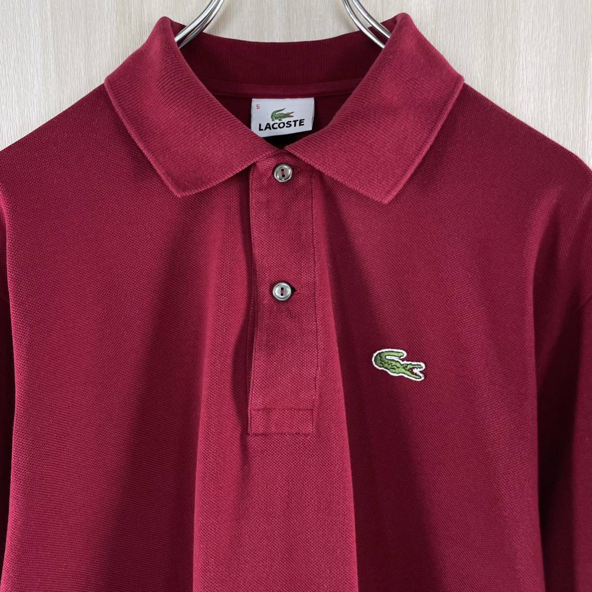 【希少カラー】【王道アイテム】LACOSTE ラコステ ワニ シェルボタン 鹿の子 半袖ポロシャツ サイズ5 真紅 韓紅 濃い紅色 L相当 古着