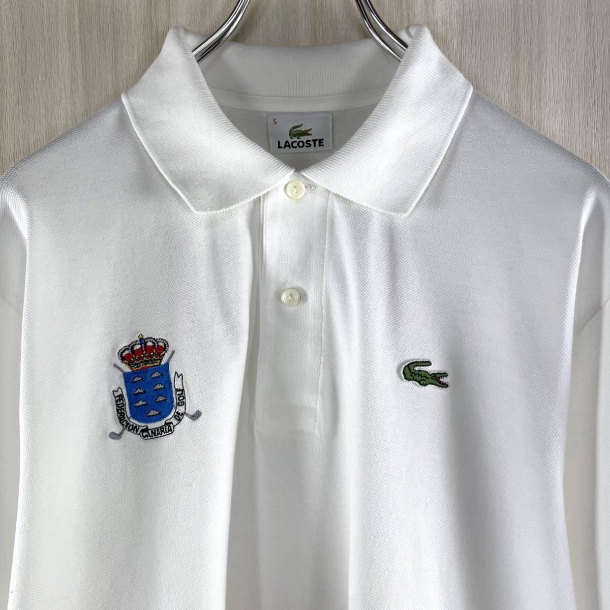 【希少デザイン】【企業物】LACOSTE ラコステ 白ラコ 刺繍 企業ロゴ ワニ 鹿の子 半袖ポロシャツ サイズ5 ホワイト Lサイズ相当 古着_画像6