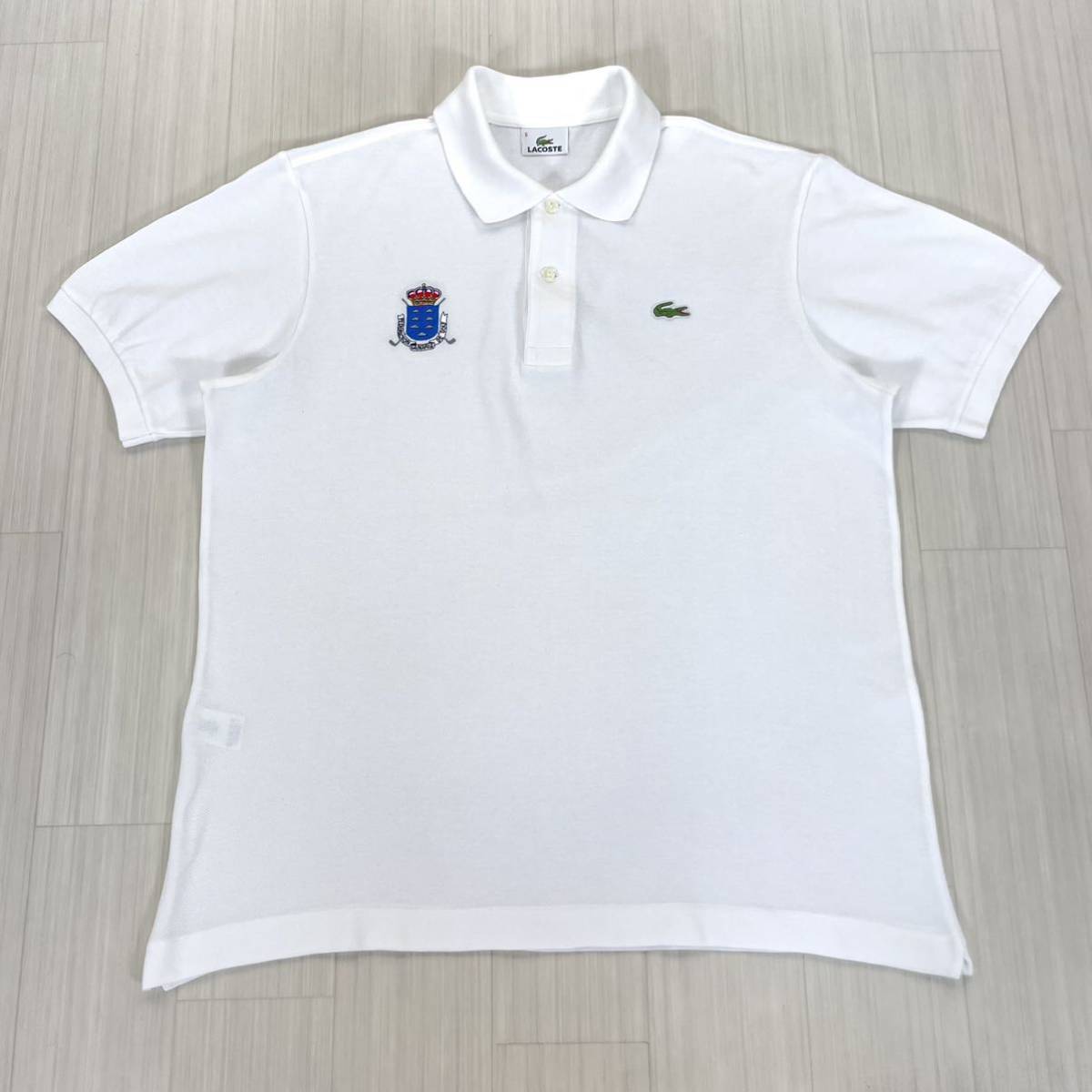 【希少デザイン】【企業物】LACOSTE ラコステ 白ラコ 刺繍 企業ロゴ ワニ 鹿の子 半袖ポロシャツ サイズ5 ホワイト Lサイズ相当 古着_画像9