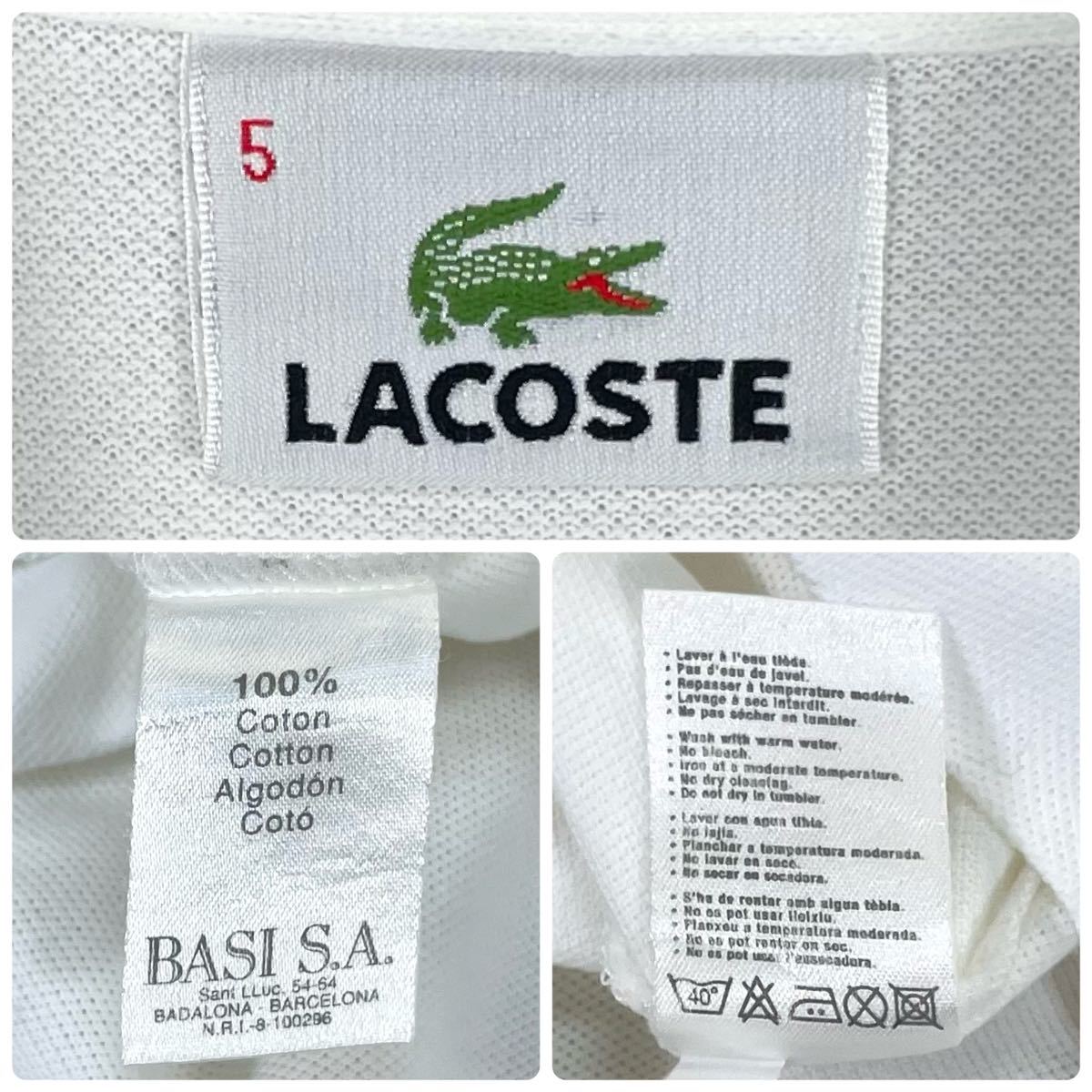【希少デザイン】【企業物】LACOSTE ラコステ 白ラコ 刺繍 企業ロゴ ワニ 鹿の子 半袖ポロシャツ サイズ5 ホワイト Lサイズ相当 古着