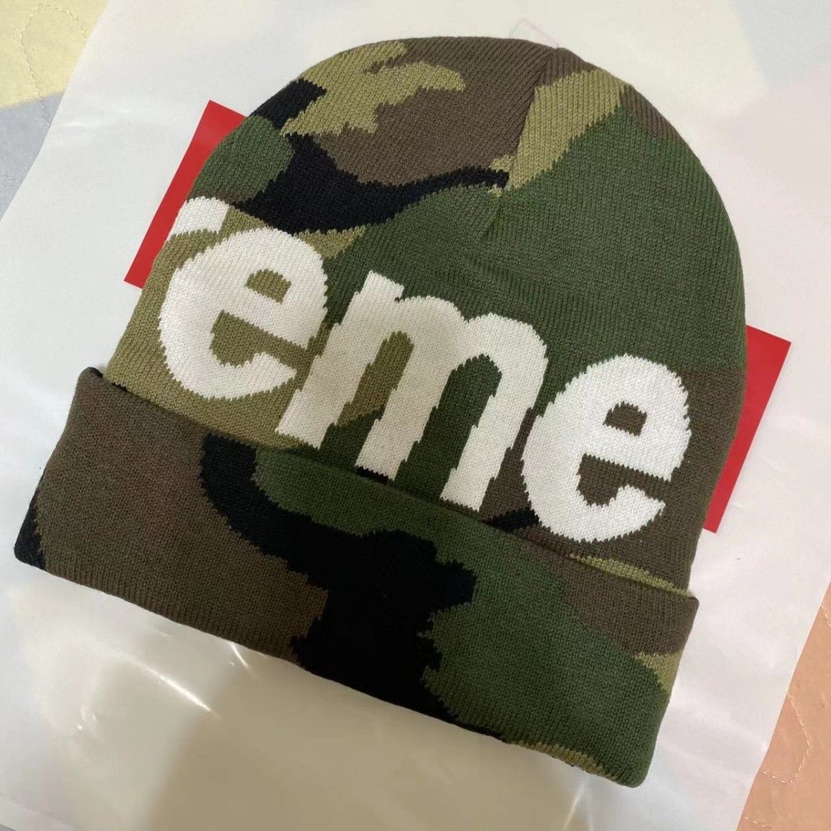 「委託品」 新品 17fw supreme big logo beanie cam supreme 迷彩 ニット帽 タグ付き 