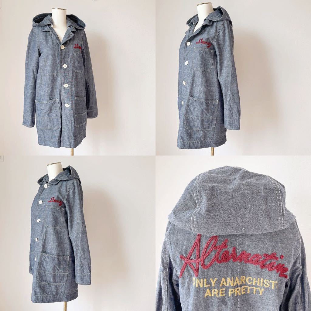 おしゃれ刺繍コートRNA アールエヌエー2wayデニム コート取り外し可能フード フーディ ダンガリー アウター レディースMサイズ青ブルー