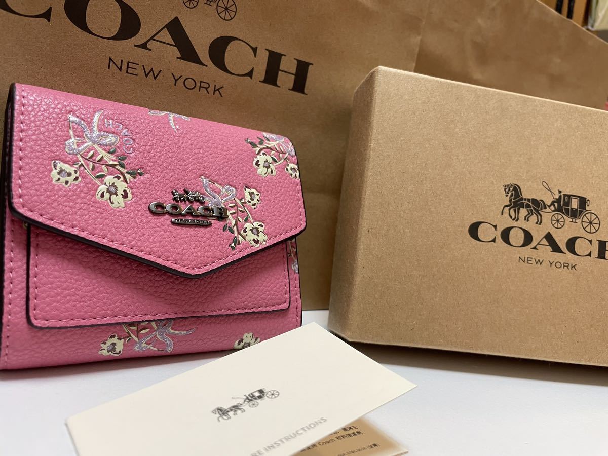 12【1円スタート】新品未使用coachコーチ二つ折り財布ミニ財布ピンク花