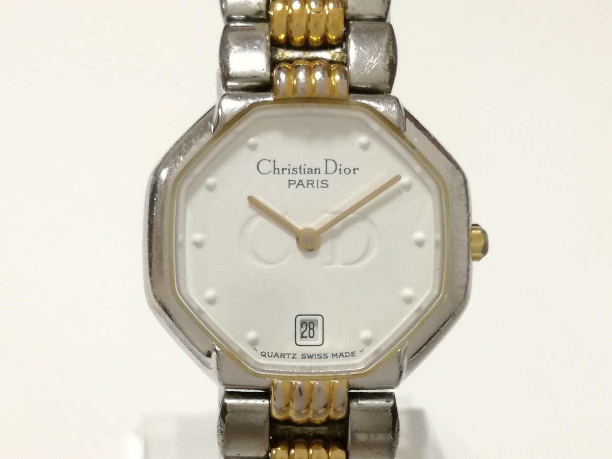 稼働品 Christian Dior クリスチャンディオール 48.203 オクタゴン デイト 腕時計 クォーツ シルバー ゴールド 白文字盤 59-4 腕時計_画像1