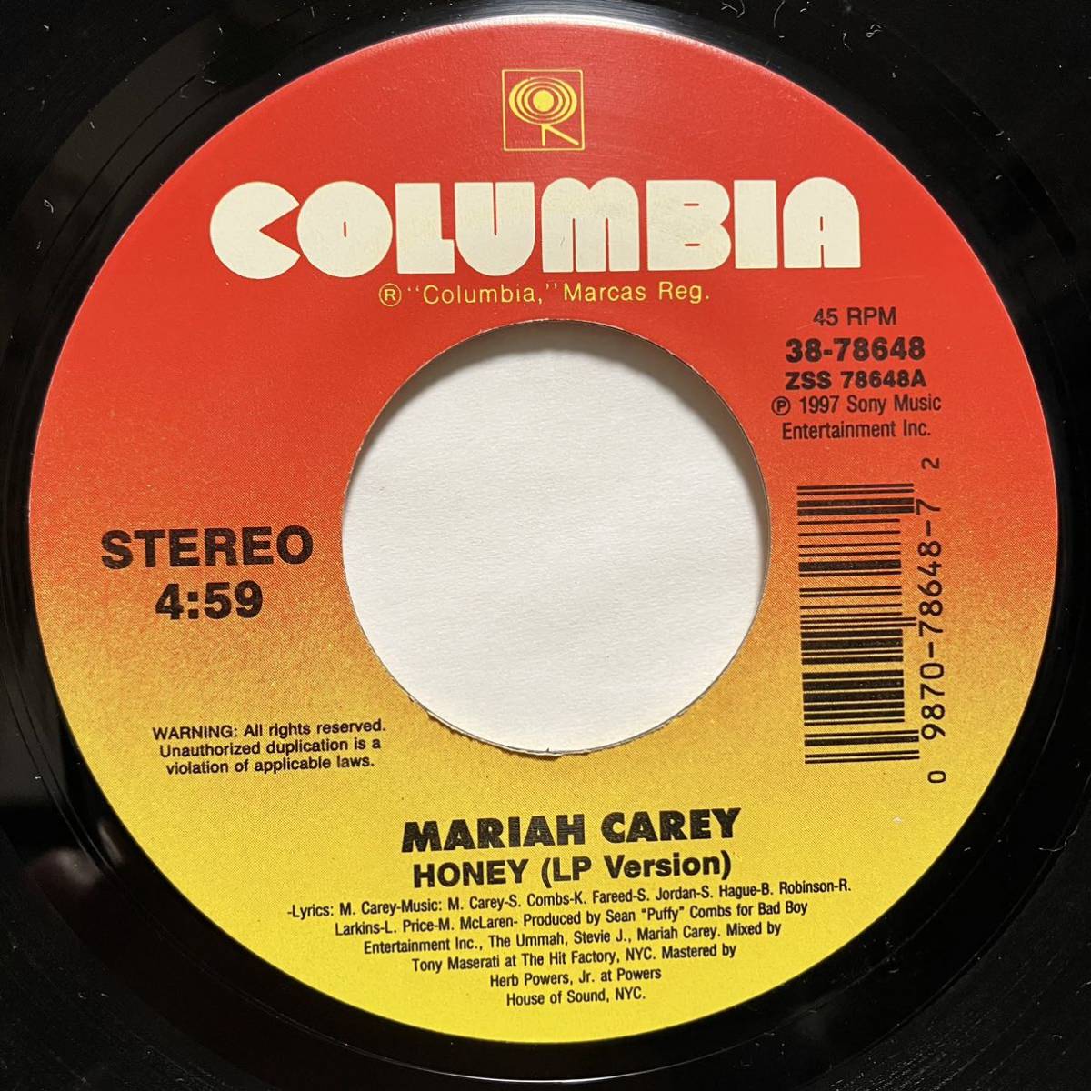 【激レア7inch】MARIAH CAREY / HONEY (LP Version) / (Bad Boy Remix ft. Mase & The Lox) P.Diddy_画像1