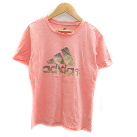 アディダス adidas Tシャツ カットソー クルーネック 半袖 ロゴプリント L ピンク ゴールド /HO37 レディース_画像1