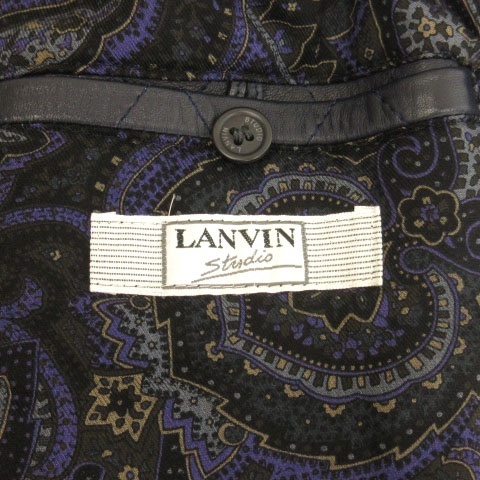 ランバン LANVIN studio ラムレザー 中綿 ジャケット ショールカラー 裏総柄 ヴィンテージ ネイビー 46-34 メンズ_画像8