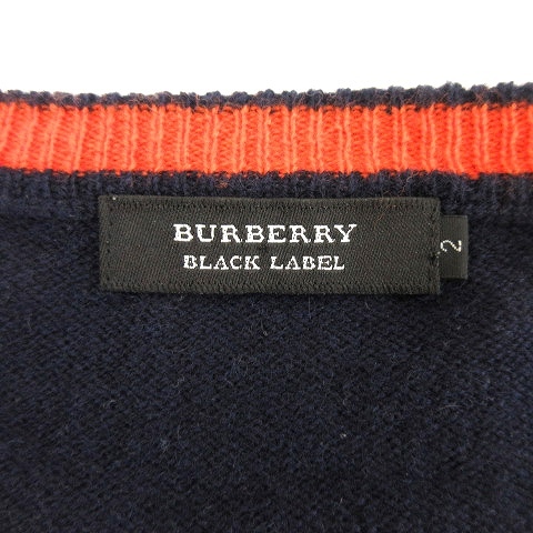 バーバリーブラックレーベル BURBERRY BLACK LABEL ニット セーター 長袖 薄手 ワンポイント刺繍 国内正規 カシミヤ混 ウール 2 M 紺_画像3