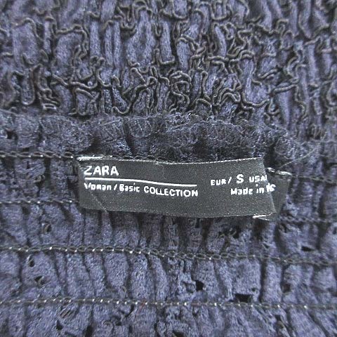 ザラ ZARA ブラウス 総レース 五分袖 フレア袖 リボン スクエアネック ショート丈 シャーリング S 青 ブルー /CT ■MO レディース_画像6