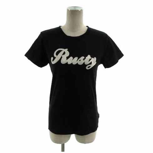 ラスティ RUSTY Ｔシャツ 丸首 半袖 ロゴ刺繍 ピースマーク コットン ブラック 黒 ホワイト 白 L レディース_画像2