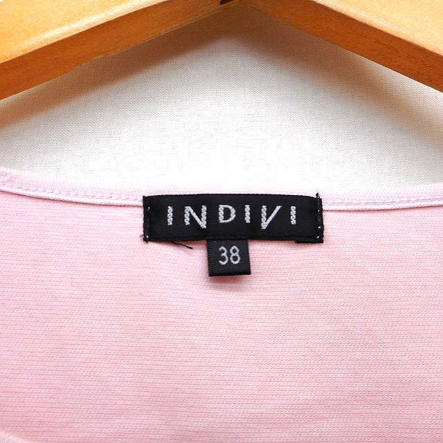 インディヴィ INDIVI Tシャツ カットソー 切替 ボーダー 柄 シフォン 半袖 丸首 綿混 38 ピンクベージュ /HT9 レディース_画像3