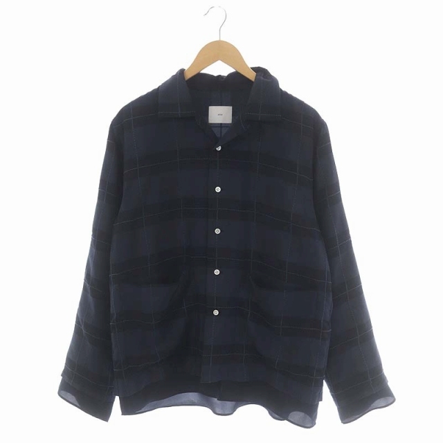 アタ ATHA レイヤードデザインオープンカラーチェックシャツ 長袖 F 紺 黒 ネイビー ブラック /ES ■OS ■SH メンズ_画像1