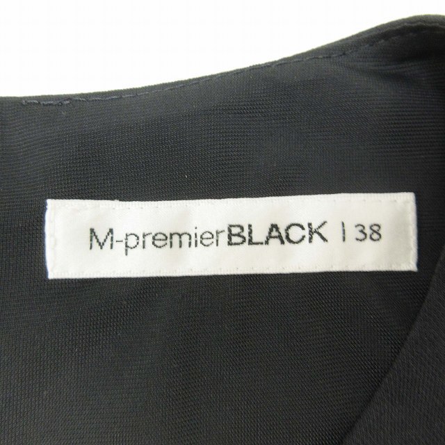 極美品 エムプルミエ ブラック M-Premier BLACK ノースリーブ ワンピース ハーフ 膝丈 ストレッチ クルーネック Aライン 無地 38 紺 HE7_画像6