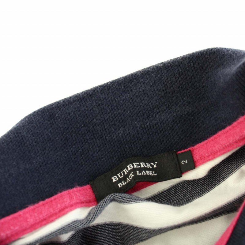 バーバリーブラックレーベル BURBERRY BLACK LABEL ポロシャツ 半袖 ボーダー ロゴ刺繍 2 M 紺 ネイビー 白 ピンク ■GY09 メンズ_画像8