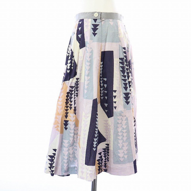 マーガレットハウエル MARGARET HOWELL フレアスカート ひざ丈 タック バックジップ 総柄 2 M 紫 パープル 紺 ネイビー レディースの画像3