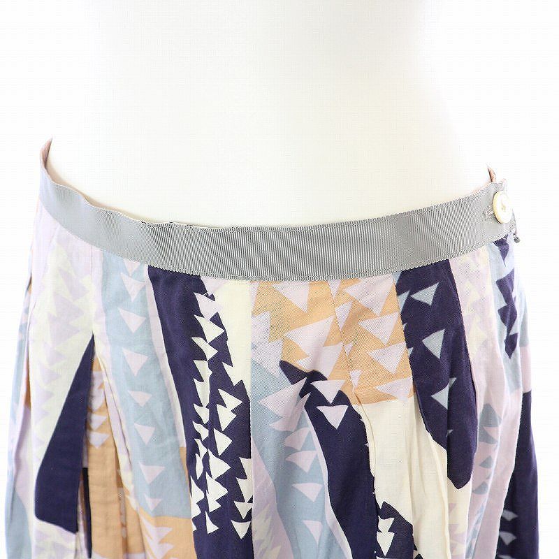 マーガレットハウエル MARGARET HOWELL フレアスカート ひざ丈 タック バックジップ 総柄 2 M 紫 パープル 紺 ネイビー レディースの画像4