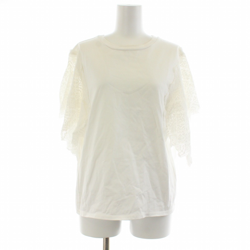 ルシェルブルー LE CIEL BLEU 19SS カットソー Tシャツ パネルスリーブ クルーネック 半袖 レース 切替 38 M 白 ホワイトの画像1