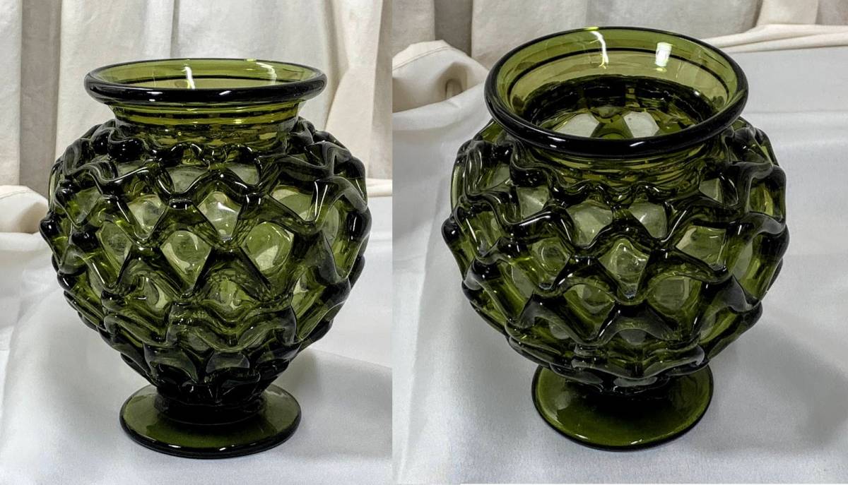 稀少 VINTAGE 5～60s 手作 宙吹き 網模様 グリーンガラスアート/GREEN GLASS VASE モダン花瓶/花器/アンティーク コレクション 中古現状品_画像3