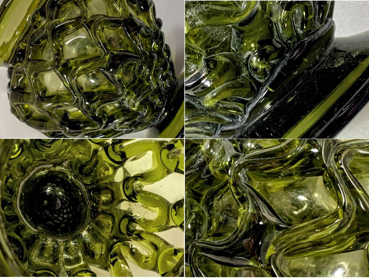 稀少 VINTAGE 5～60s 手作 宙吹き 網模様 グリーンガラスアート/GREEN GLASS VASE モダン花瓶/花器/アンティーク コレクション 中古現状品_画像6