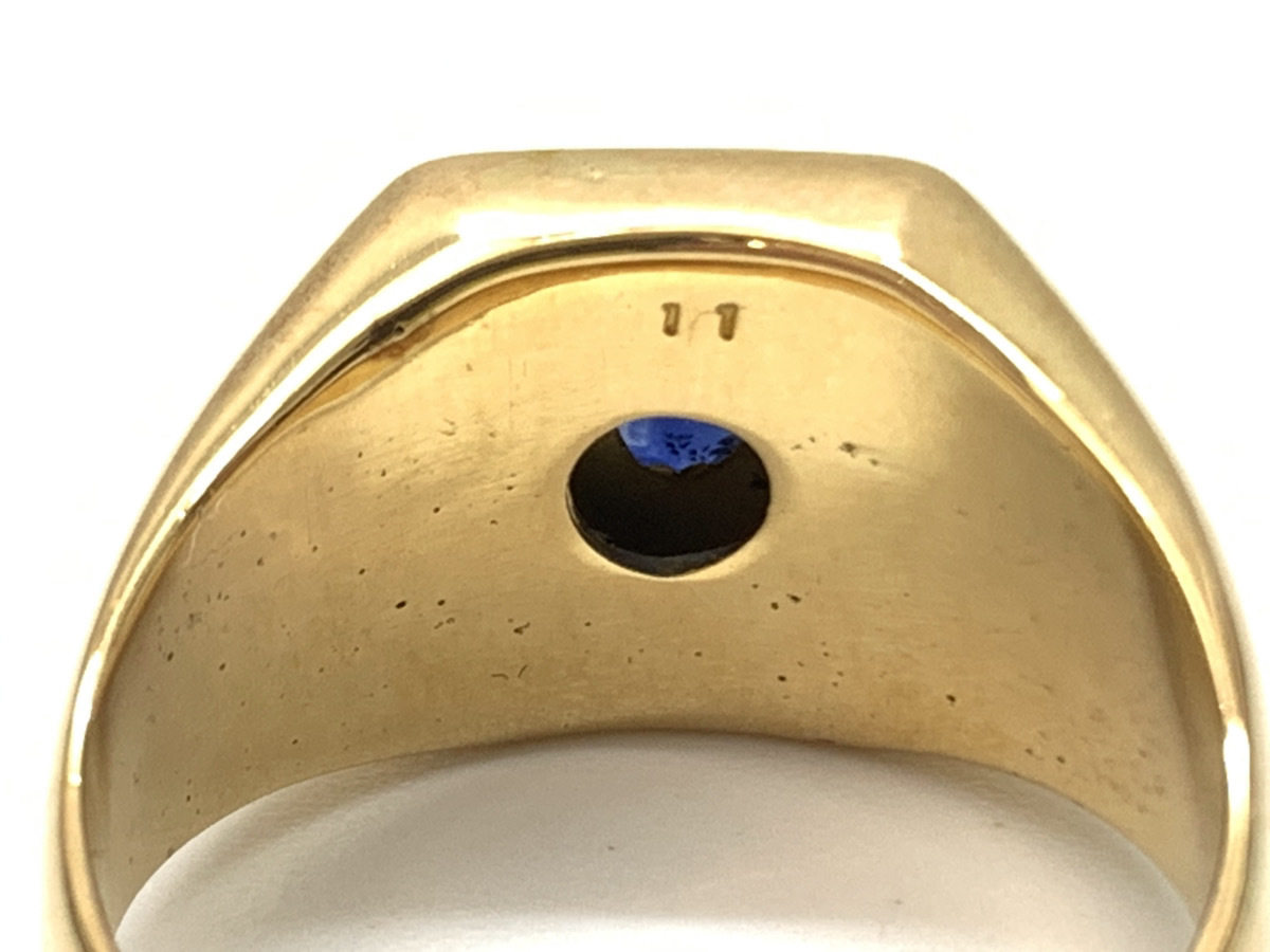 【K18】18金 イエロー ゴールド 20号 デザイン ダイヤモンド チェッカー反応 青石 ブルー 色石 メンズ 印台 指輪 リング 店舗受取可
