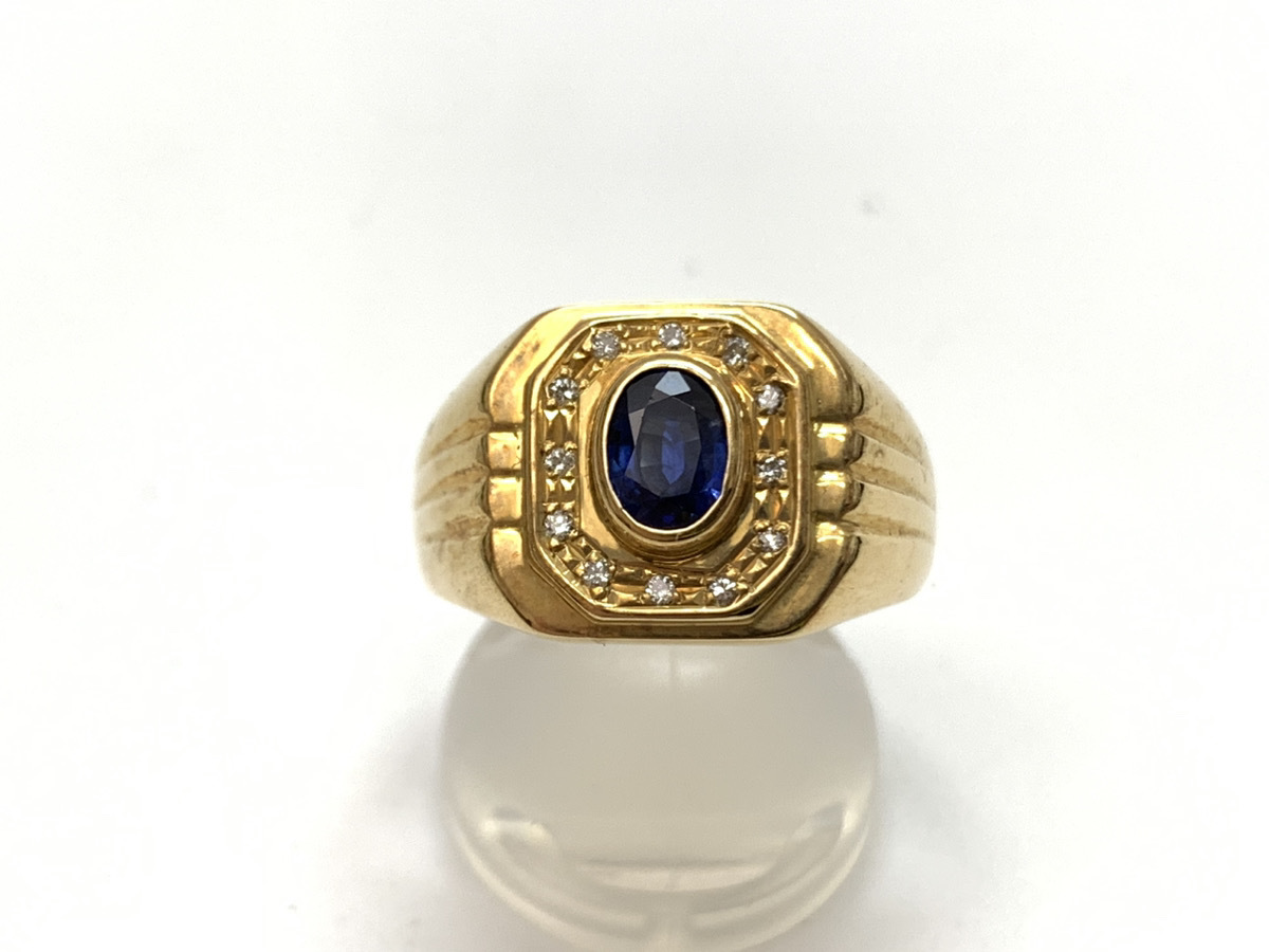 [K18]18 gold yellow gold 20 number design diamond checker reaction blue stone blue color stone men's signet ring ring store receipt possible 