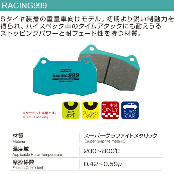 プロジェクトミューμ RACING999ブレーキパッド前後セット 3N20 BMW F32(4シリーズ/Coupe) 420i フロント300φローター装着車用 14/1～_画像2