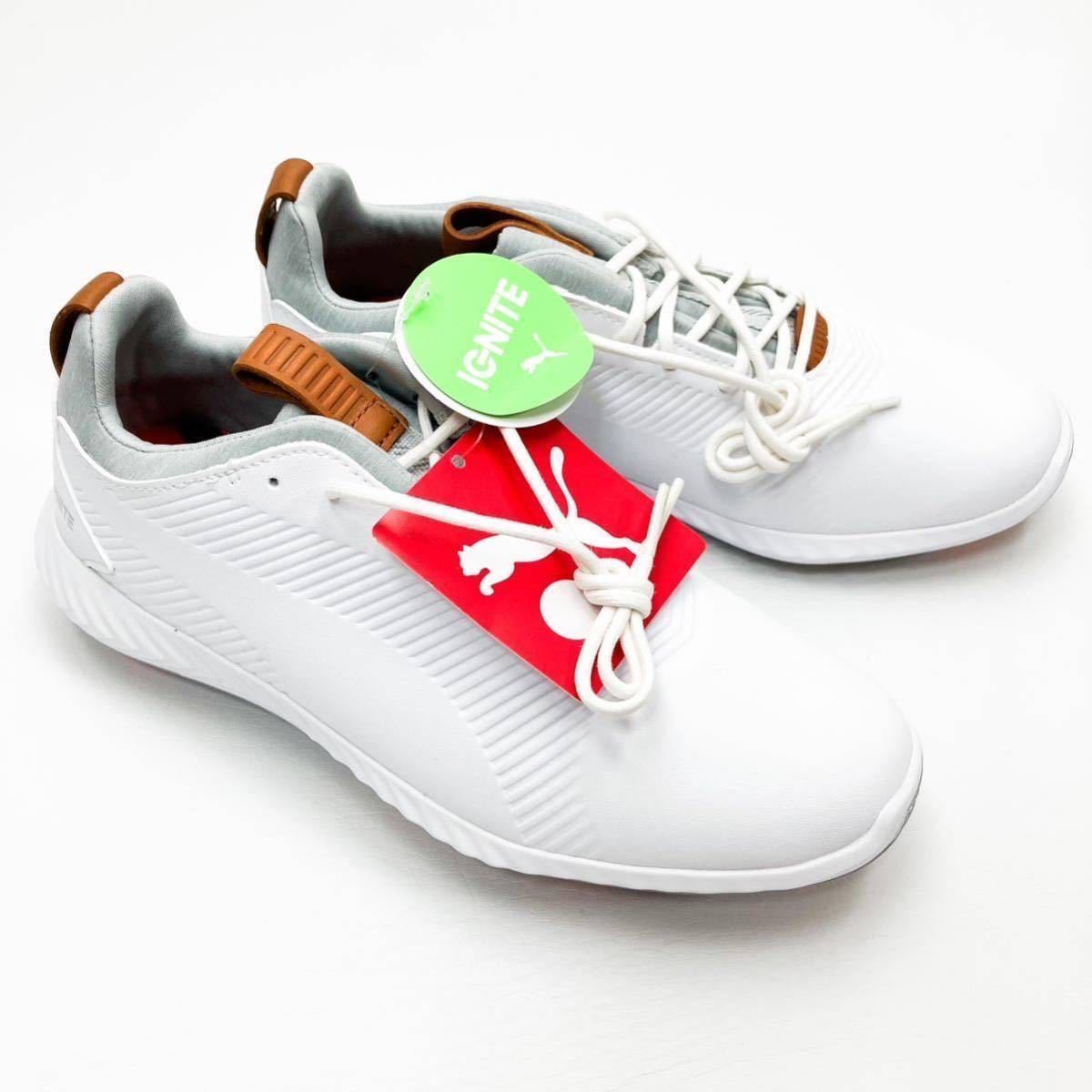 新品 未使用 PUMA プーマ レディース メンズ ゴルフシューズ 23.0cm ホワイト グレー シンプル ロゴマーク golf 靴紐 イグナイト A74