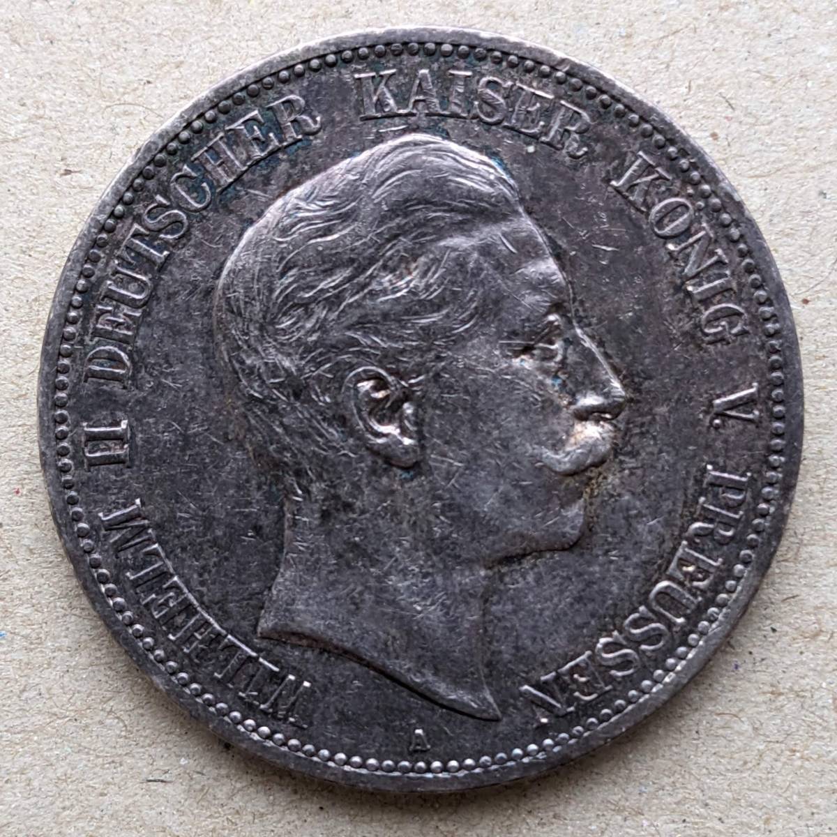 1908年 ドイツ プロイセン ヴィルヘルム2世 5マルク 銀貨 VF ベルリンミント_画像1