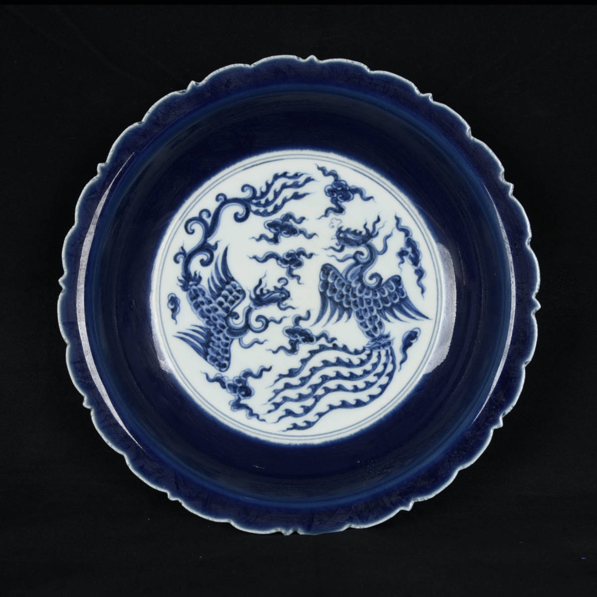 ◆旧蔵◆古美術 中国古玩 大明永樂年製款 祭藍釉 双鳳紋花口盤 時代物　T16