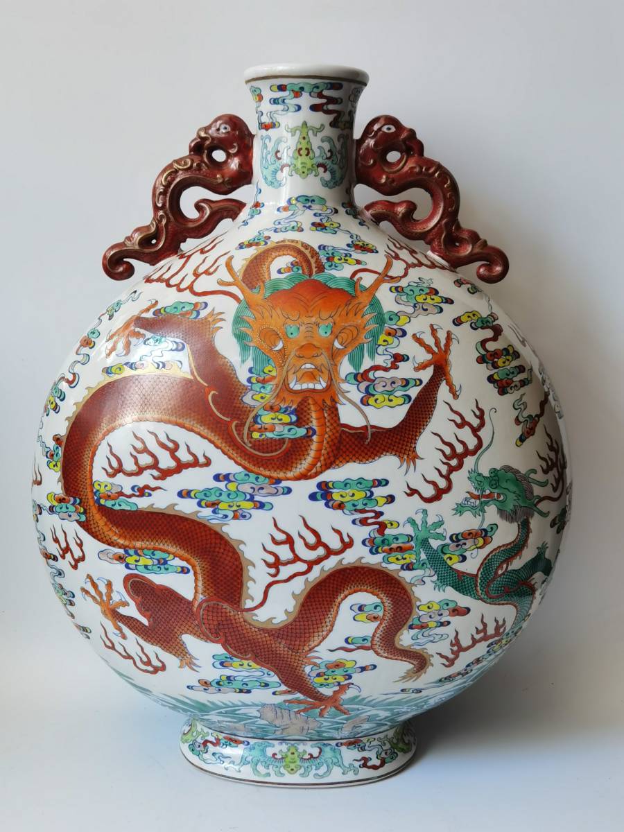  ◆旧蔵◆古美術 中国古玩 大清乾隆年製款　斗彩　描金　海水龍紋双耳扁瓶　時代物　T16_画像10