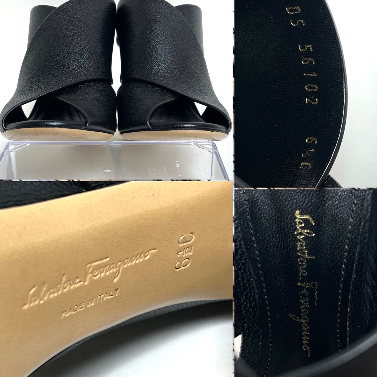 Salvatore Ferragamo サルヴァトーレ フェラガモ Abriola Flower Heel Mules フラワーヒール ミュール レザー 本革 靴 サンダル　24cm 黒