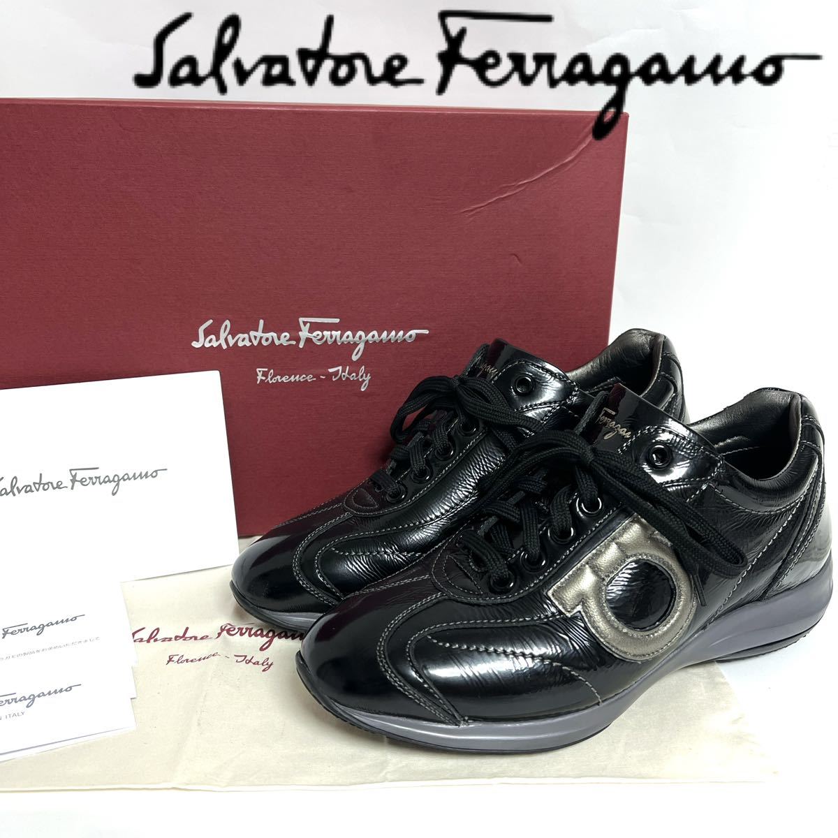 今季ブランド Salvatore ブラック 22.5cm 靴　5C 本革 レザー スニーカー レザー パテント ガンチーニ フェラガモ サルヴァトーレ Ferragamo 5以下