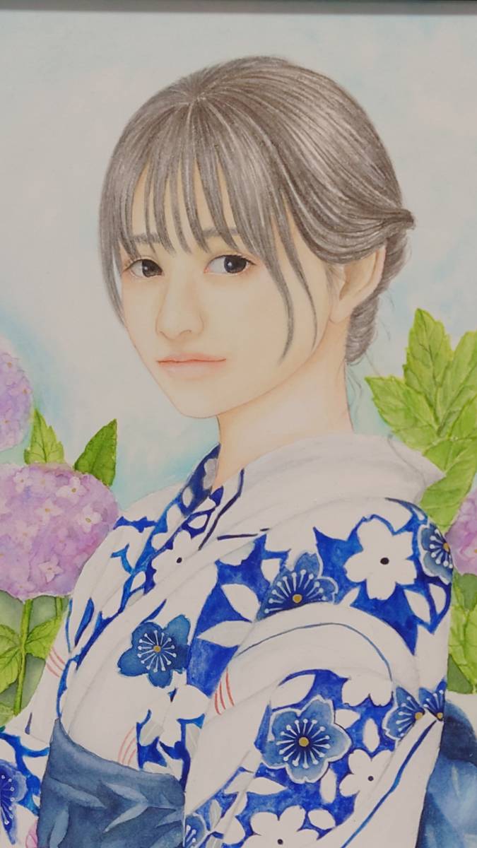 「真作」「紫陽花の時期」「水井友仁」 日本画 人物画 美人画 F4サイズ　額付き_画像4